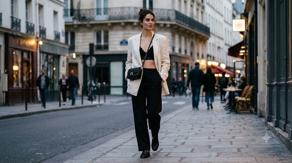 Oversized Ivory Linen Blazer over Black Lace Bralette & Trousers